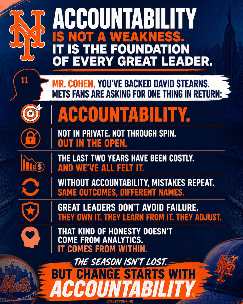 RustyShrink's tweet photo. If David Stearns is staying, then what the Mets fans need is not another bargain bin signing. What we need is for the man making the decisions to own what has gone wrong… Come out and say “I screwed up” and change course… #Mets #LGM https://t.co/B21a1bljOE