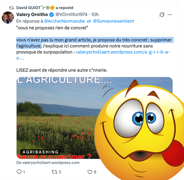 FrancAller_info's tweet image. « vous n'avez pas lu mon grand article, je propose du très concret : supprimer l'#agriculture.»

👋

#Antispécisme #Vegan 
#VersLinfiniEtAuDelàDuDelà

* pour les curieux : valeryschollaert.wordpress.com/a-g-r-i-b-a-s-…
