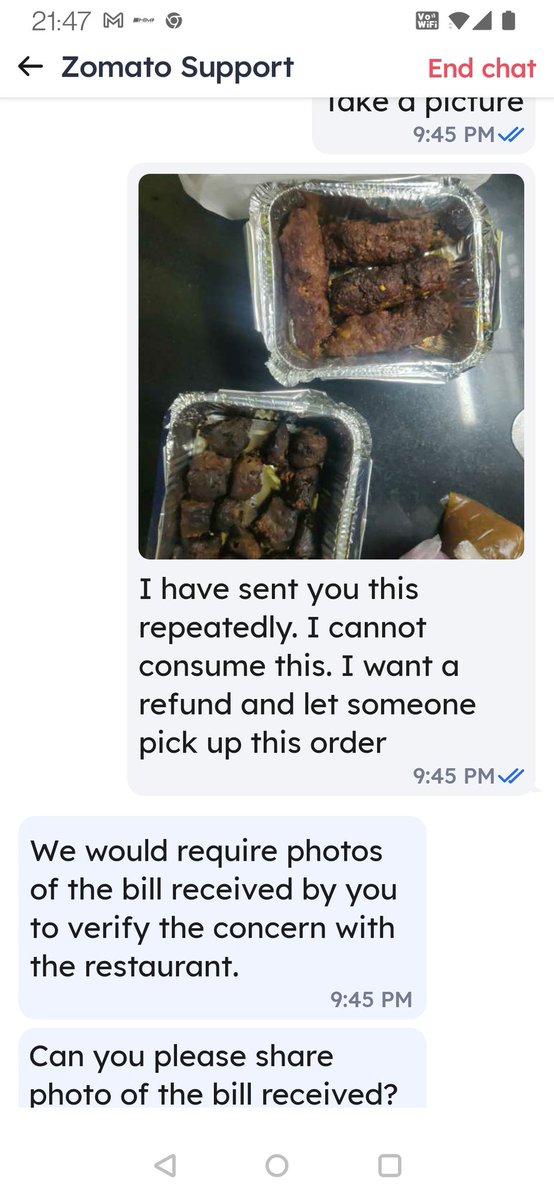 shefzin's tweet photo. @zomato @zomatocare @deepigoyal what kind of crappy customer service do you have!!! I have received a completely incorrect order . Paid 650 for it and instead of a refund your team keep offering me a coupon of INR 111 to place a new order!!! 
Seriously!!! https://t.co/CVJwcyEBtc