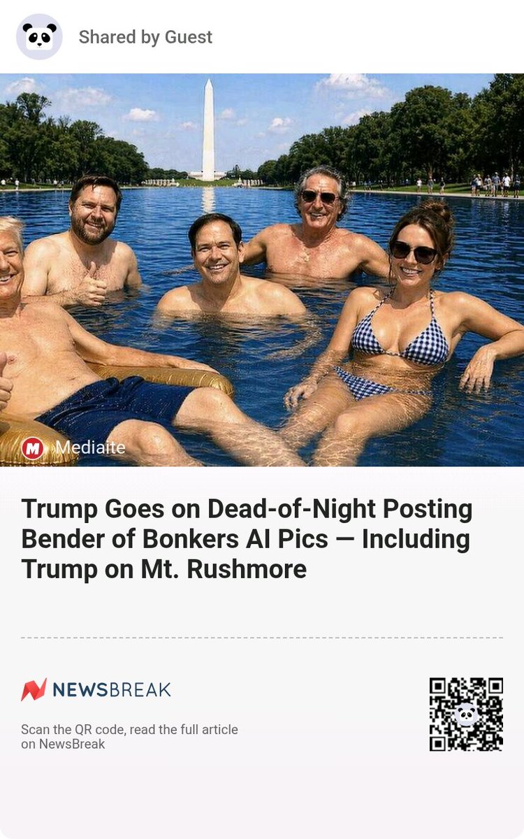 ALLREDToDoRoJo's tweet image. Trump Goes on Dead-of-Night Posting Bender of Bonkers AI Pics — Including Trump on Mt. Rushmore #DonaldTrump #DonaldJTrump #Bonkers
share.newsbreak.com/ib3kqg9j