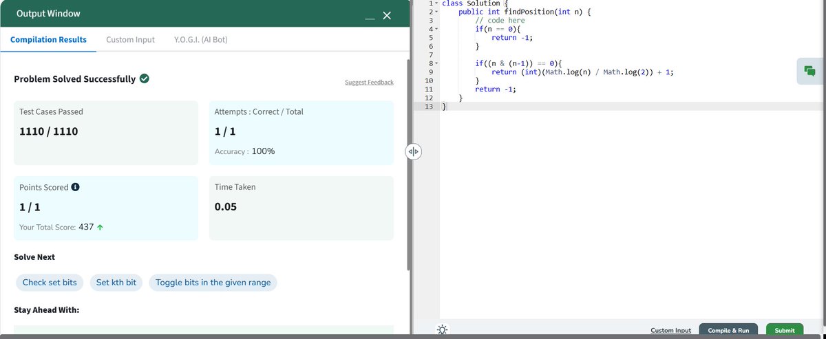 Deepans18044676's tweet photo. Day 74 from my #60DaysOfDSA  Challenge    Solved today’s POTD on
@geeksforgeeks
Position of Set Bit 1115/1115 Test Cases passed with O(1)                              Thanks @NPCI_India for pushing coding culture  #geekstreak60 #NPCI #geeksforgeeks #gfg
@NPCI_NPCI https://t.co/ZyquQfVHPy