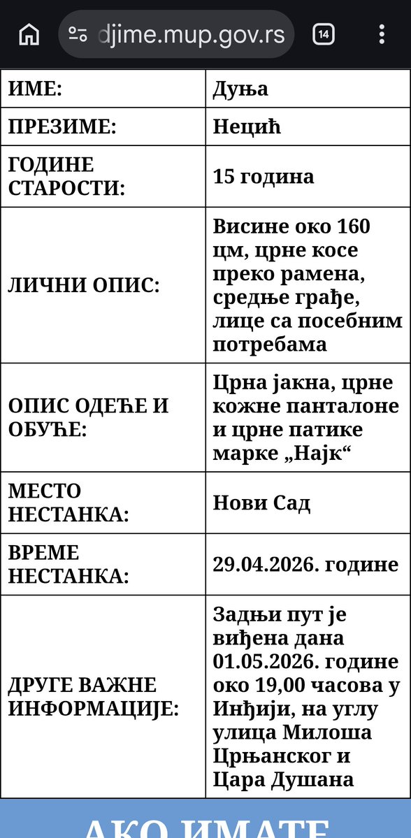 NESTALA Necic Dunja, stara 15 godina, 29.04.2026. u Novom Sadu. Lice sa posebnim potrebama. Sva saznanja javite na 192.