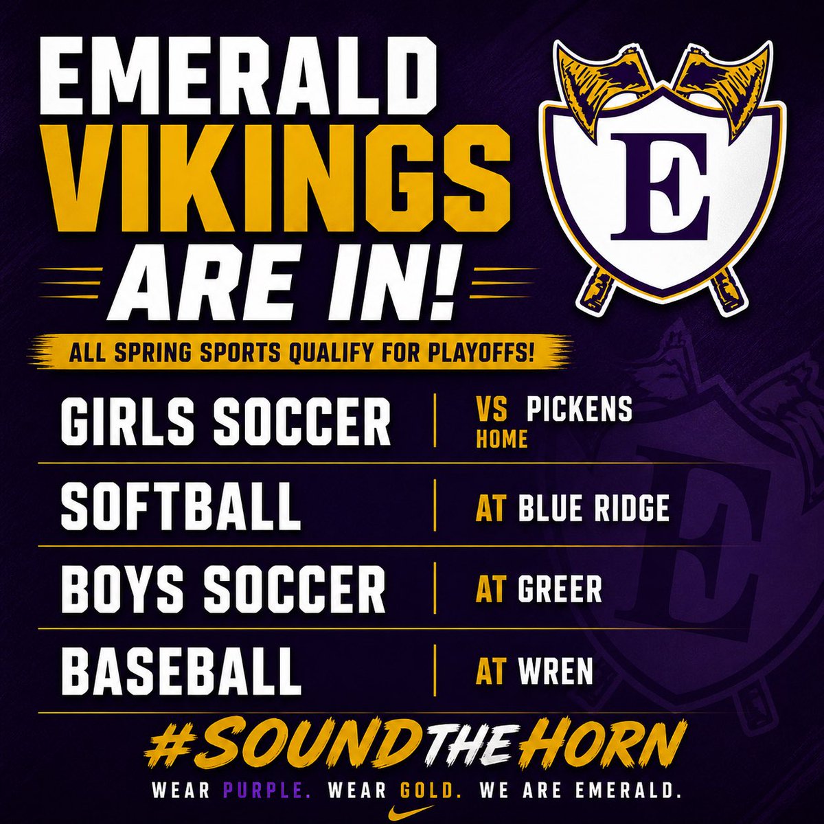 EhsVikingSports's tweet photo. EMERALD VIKINGS ARE IN. 🟣🟡

Spring sports are headed to the SCHSL Playoffs.

⚽ Girls Soccer (HOME)
🥎 Softball
⚽ Boys Soccer
⚾ Baseball

Time to compete.

#SoundTheHorn https://t.co/mDgHpWflfx