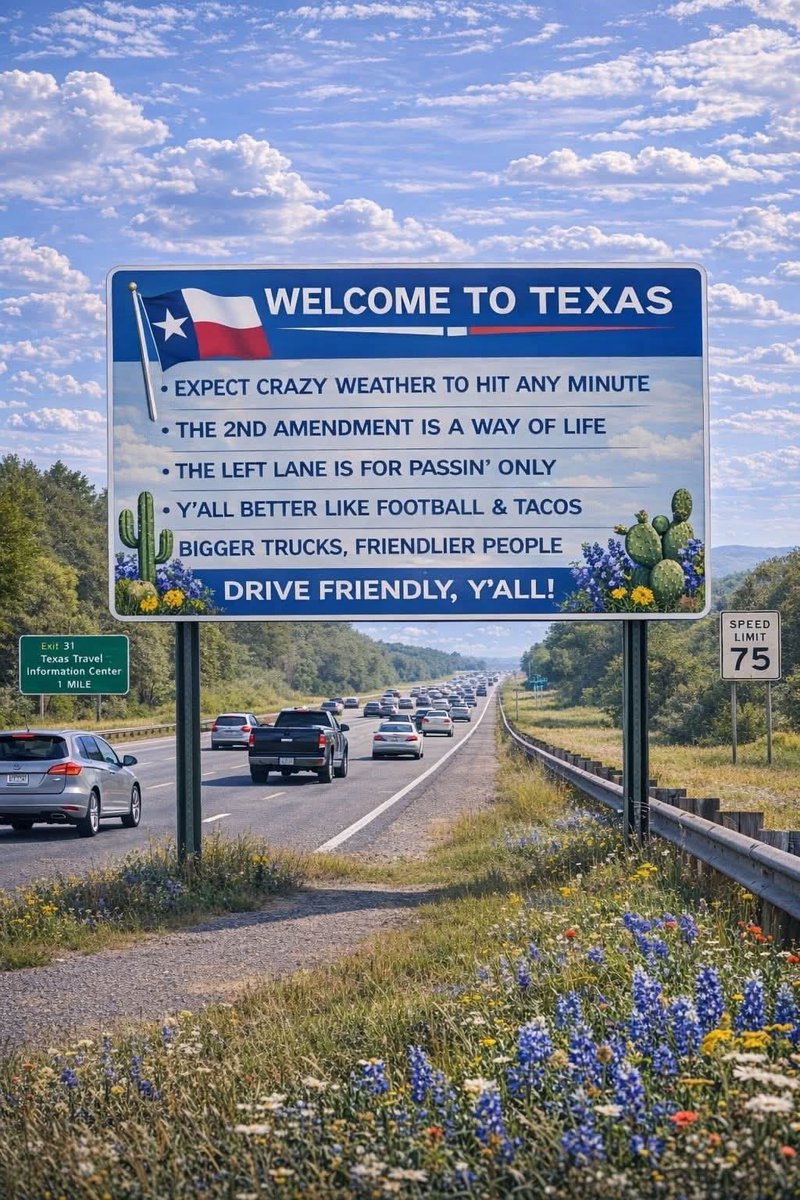 Just_Jamie_USA's tweet image. This Texas sign isn’t playing.

Expect crazy weather, bigger trucks, and folks who’ll still wave at you with a .45 on the hip.

The left lane is for passing only, and y’all better love football and tacos or turn around now.

Drive friendly!! 🤠🇨🇱 
#Texas
