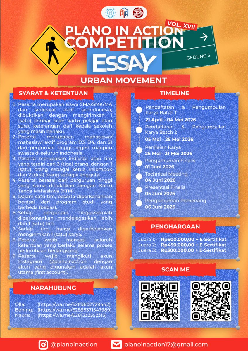 cittoetoes's tweet image. 📝 Essay Competition Plano in Action Vol.17 📝

Setiap ide punya cerita, dan setiap tulisan punya kekuatan. Saatnya suaramu didengar lewat karya terbaikmu! 🌟

📌 CATAT TANGGAL PENTINGNYA!
#essay #lomba #lombaesai