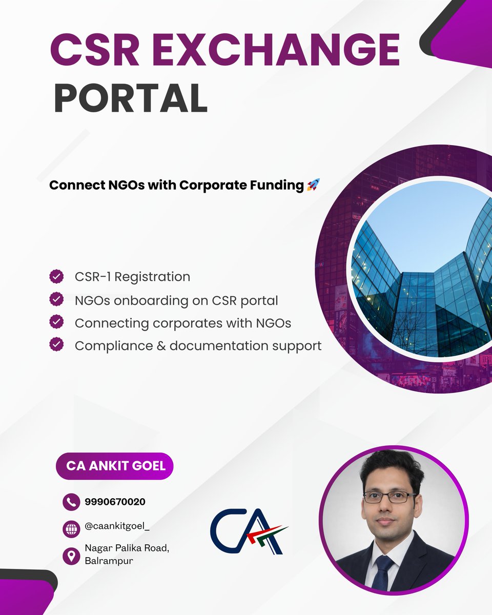 caankitgoel_'s tweet image. Looking for CSR funding or partnerships? 🌐

Get your NGO registered and listed on the CSR Exchange Portal with complete compliance support

Connect! Collaborate! Grow!

📞 9990670020

instagram.com/caankitgoel_/?…

#CSR #CSRIndia #NGOIndia
#SocialImpact #CorporateSocialResponsibility