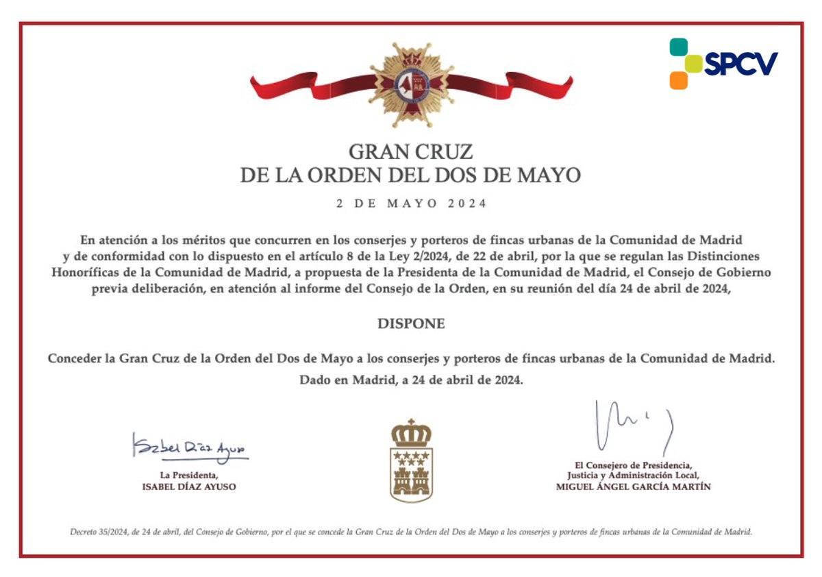 SindicatoPCV's tweet photo. Con este hilo el @SindicatoPCV quiere recordar hoy un reconocimiento histórico para todos los #Porteros #Conserjes y #VigilantesDeGaraje En 2024 los Empleados de Fincas Urbanas recibieron la gran Cruz de la Orden del 2 de mayo, la máxima distinción de la @012CMadrid 👇 https://t.co/hcXXh1dYqw