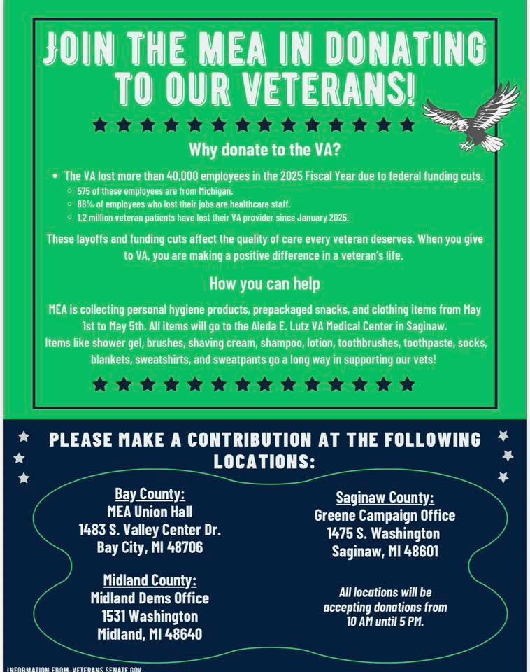 ChedrickGreene's tweet image. #TeamGreene is partnering with MEA friends to collect donations for Saginaw's VA Hospital. Come to any of our #GOTV launch locations across #SD35, anytime between 10am-7pm now through #May5, to drop off donations, get trained on knocking doors, or both!  See flyer for addresses.
