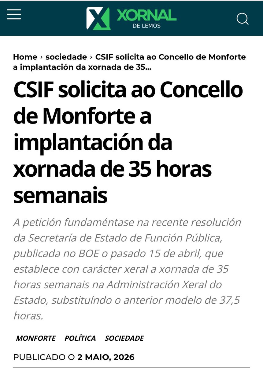 CsifLugo's tweet image. 🆕 #CSIF solicita ao Concello de Monforte de Lemos a implantación da xornada de 35 horas semanais
➡️ A normativa vixente obriga ás entidades locais a equiparar a xornada laboral do seu persoal coa fixada para a #AGE 
xornaldelemos.gal/politica/82017…
@MonforteLemos  @XornaldeLemos 
#35h