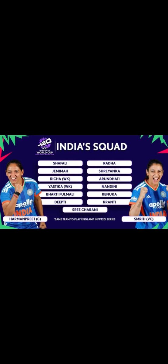 Pdg091's tweet photo. WC squad announced 

Nd I'm sooooo soooooo happy for Yasti nd Radha 🥹🥹😭😭
Finally Yasti issss back https://t.co/dP9DdPRai6