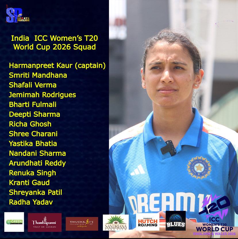 NEWS 🚨 

India has announced their Squad for ICC Women’s T20 World Cup 2026.

#sportspavilionlk #danushkaaravinda #T20WorldCup #T20WorldCup2026 #India