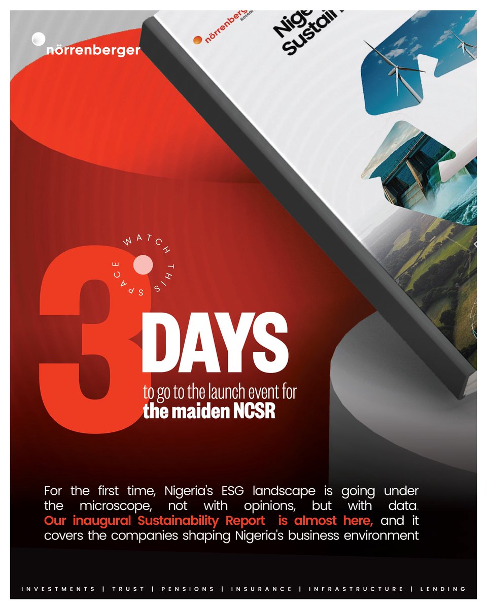 Norrenberger's tweet photo. The Nigeria business environment has never had a sustainability report like this. Ever!

In 3 days, we host the launch event of the maiden NCSR, and the ESG conversation in this country will not be the same after. We are bringing together leaders across every sector of Nigeria's economy, because this report belongs to all.

We are coming.

#norrenberger #norrenncsr #sustainability #Esg