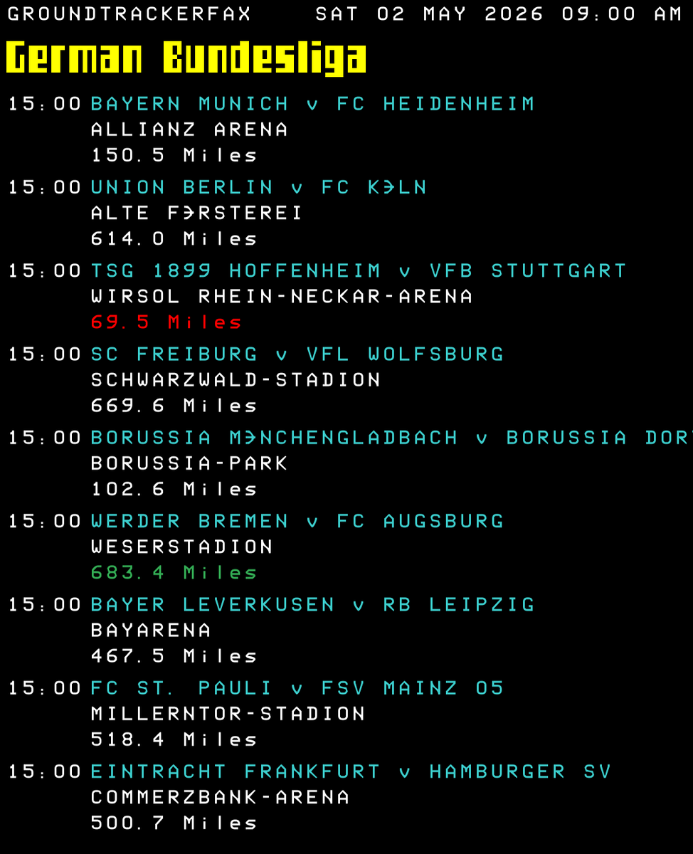 GroundTracker's tweet photo. Todays #Bundesliga Fixtures by #groundtracker
#FCBayern #NurDerFCH #fcunion #effzeh #TSG #vfb #SCF #vflwolfsburg #gladbach #BVB #Werder #FCA #Bayer04 #rbleipzig #fcsp #Mainz05 #SGE
https://t.co/S8lhcwPLvA https://t.co/MKRMETcWXW