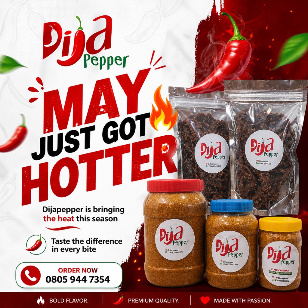 dijapepper's tweet photo. If your May isn’t spicy… you’re doing it wrong 🌶️🔥

Dijapepper just turned up the heat!
Fresh, bold, irresistible flavors

Order now 👉 0805 944 7354
#Dijapepper @aphroDIJA https://t.co/XAQVCCG0yR