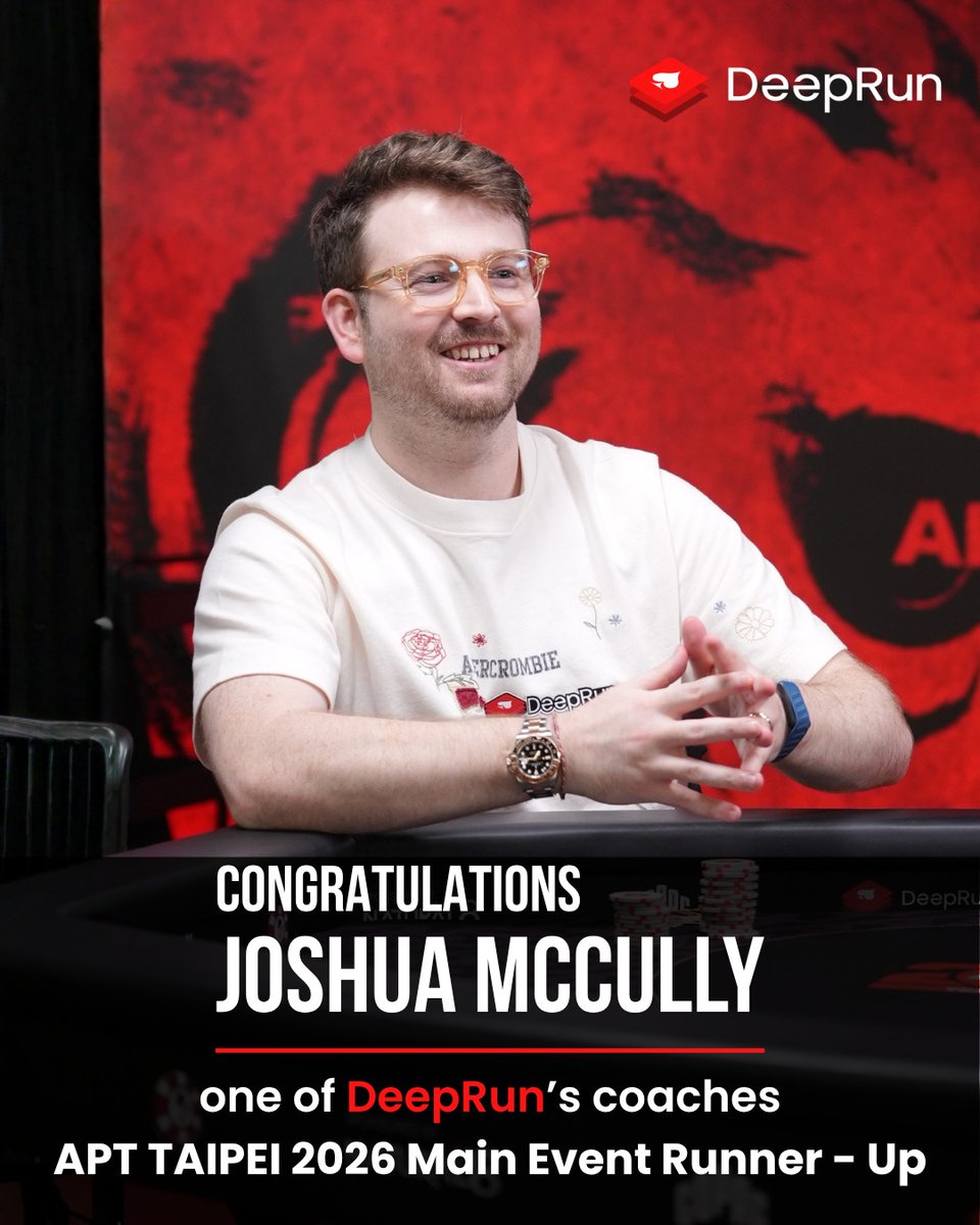 DeeprunJAPAN's tweet photo. 【祝】Joshua McCully 選手、APTメインイベント準優勝！🏆✨

DeepRunコーチの Joshua McCully が、激闘の末に見事準優勝に輝きました！
獲得賞金はなんと 9,519,000 TWD。

世界トップレベルのプレーで、私たちに感動を与えてくれました。♠️
本当におめでとうございます！

詳しくはこちら👇
https://t.co/7IFUSJuZ1r

#DeepRun #APTTaipei2026 #APT20Years #ポーカー #テキサスホールデム #JoshuaMcCully