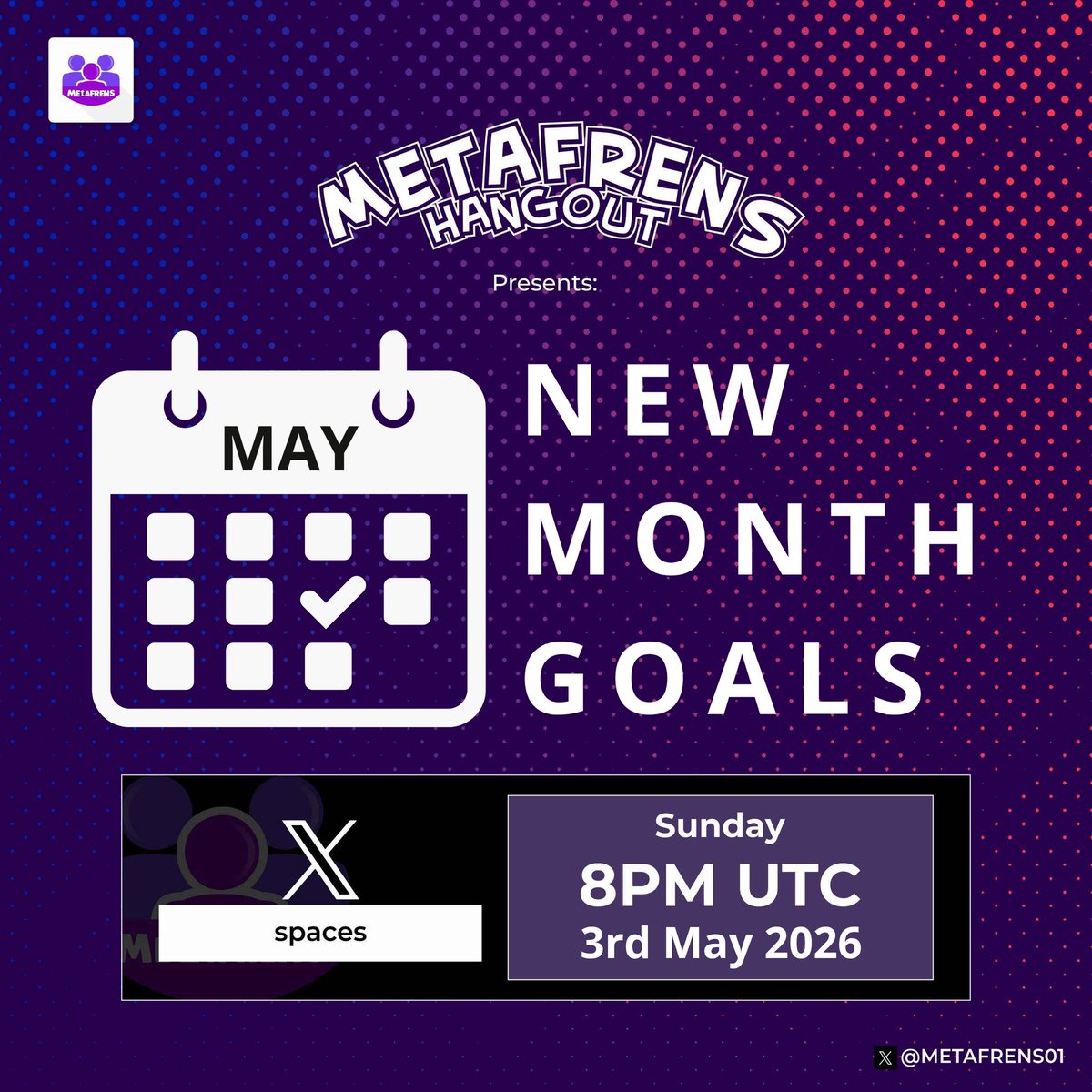 Metafrens01's tweet photo. Join us tomorrow for another episode of the Metafrens Hangout 💜

What are your goals for the month of May? We'd love to hear all about them while discussing our own goals, as well as alpha on what to look forward to in May. 

Bring one or two friends along, and kindly set your reminders using the link below.