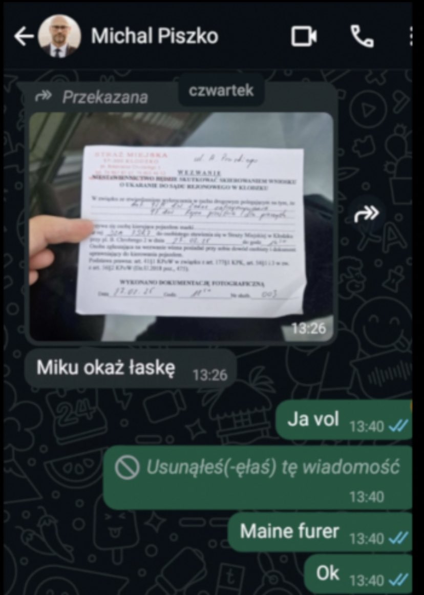 „Meine furer” - tak zwraca się do burmistrza Kłodzka z KO, komendant Straży Miejskiej. Kolejne screeny, od których włos się na głowie jeży. A teraz wyobraźmy sobie co by robiła Wyborcza i TVN gdyby, to dotyczyło jakiegoś prawicowego samorządowca