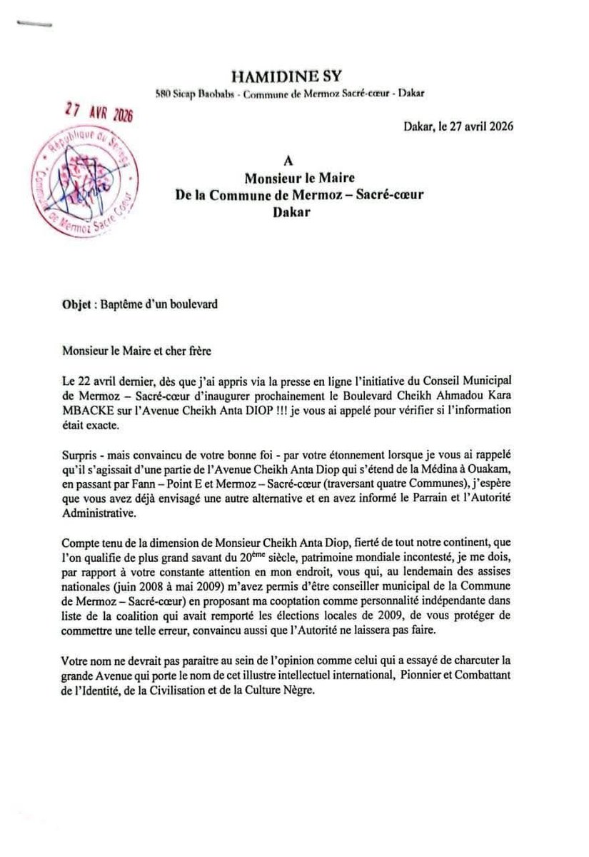 aliamsi's tweet photo. L'ineptie de cette décision de la mairie : l'avenue CAD traverse 5 communes (Medina, Fass Colobane GT,  Fann Amitié Point E, Mermoz Sacré-Coeur et Ouakam).

Donc seule la partie qui traverse MS-C va changer de nom et le reste gardera le même nom avant et après cette commune. https://t.co/FRujPJtxVu