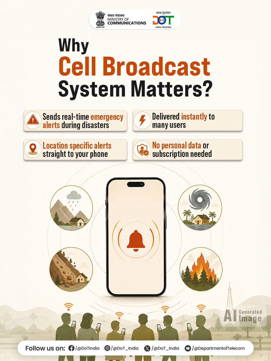 DoT_India's tweet photo. India takes a giant leap in disaster preparedness!

Hon’ble Union Minister Shri Jyotiraditya Scindia launches the indigenous Cell Broadcast System (CBS).

From reactive to proactive, the system enables instant, geo-targeted alerts with nationwide reach and zero delay—marking a major milestone towards a safer, more resilient India. 

#CellBroadcastSystem #DisasterManagement #DigitalIndia #PublicSafety #DisasterPreparedness #NDMA #CBS #Telecom #DoT

@JM_Scindia @PemmasaniOnX @PIB_India @pib_comm @DDNewsLive @ndmaindia @NDRFHQ @CDOT_India @nidmmhaindia @AmitShah