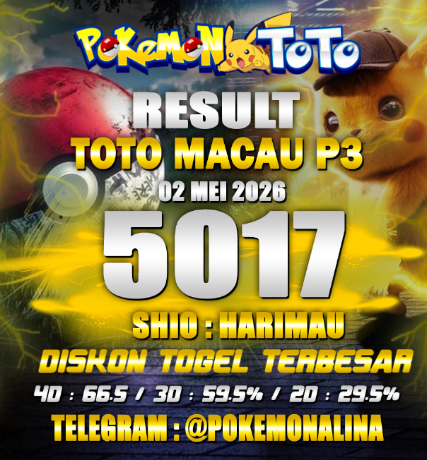 datatogelwla's tweet photo. RESULT TOTO MACAU P3
SABTU, 02 MEI 2026
Result : 5 0 1 7 
Shio   : HARIMAU
TELEGRAM : @Pokemonalina
#livedrawsgp #livedrawsgptercepat #livesgptercepathariini #SINGAPOREPOOLS #LIVEDRAWSINGAPORE #SINGAPORELIVE https://t.co/2uY90v2VlZ