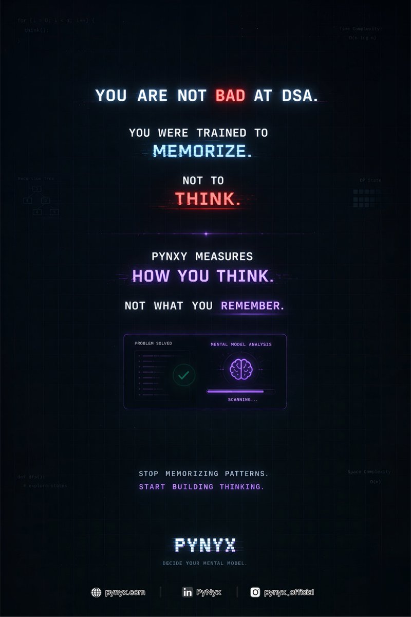 PyNyx_Official's tweet image. Stop memorizing patterns and start mastering the logic behind the systems.

True growth at Pynyx is measured by how you think, not how many problems you solve.

Shift from chasing solutions to building the mental models that make you unstoppable.
#pynyx #Trending #june #learner