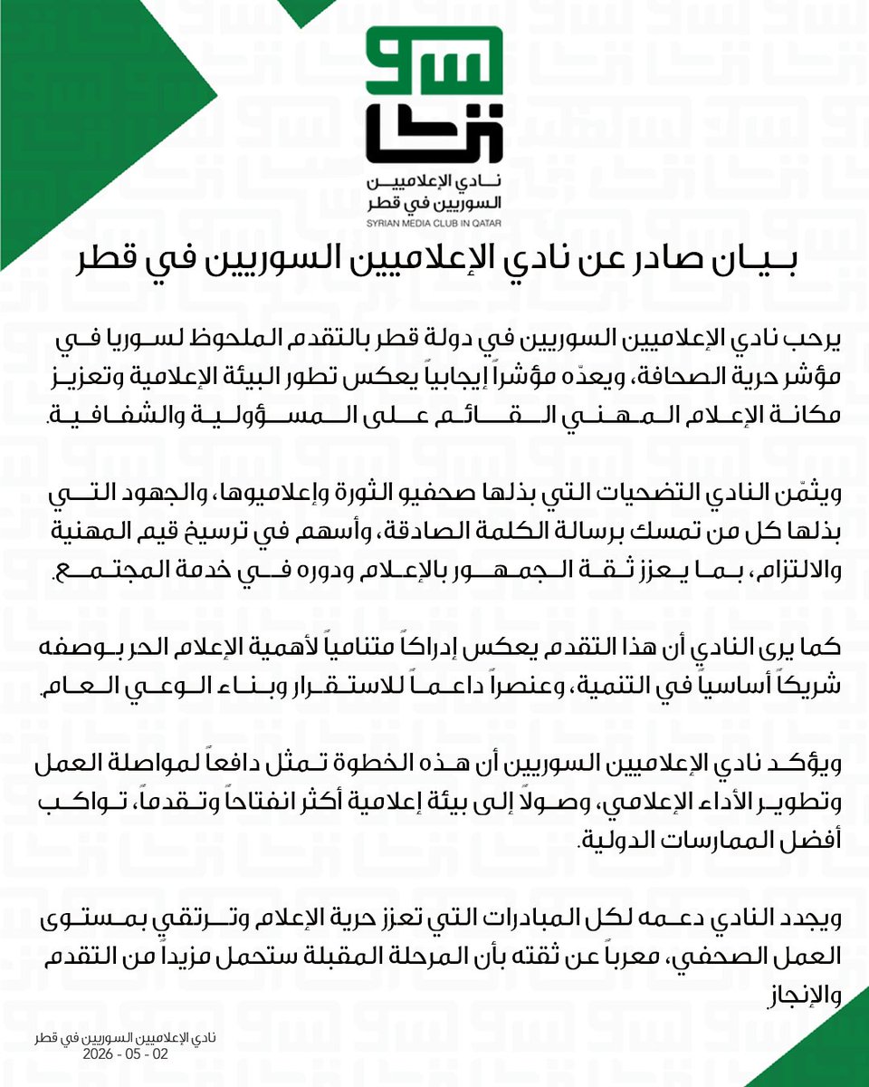 SyrMCQatar's tweet photo. بيان صادر عن نادي الإعلاميين السوريين في قطر حول التقدم الملحوظ لـ #سوريا في مؤشر حرية الصحافة. https://t.co/2VWo44xwQT