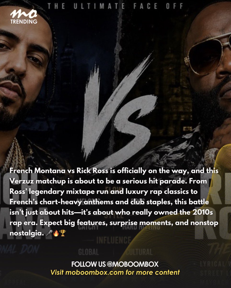 mo_boombox_'s tweet image. French Montana @FrencHMonTanA vs Rick Ross @RickRoss Verzuz @verzuzonline is officially happening and it’s about to be a hit-for-hit battle. 2010s rap nostalgia incoming. 🎤🔥

#Verzuz #RickRoss #FrenchMontana #HipHop #MOTrending