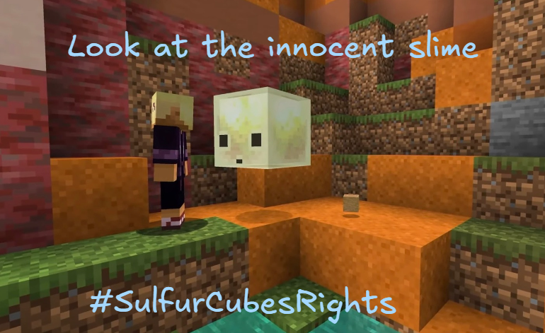 MestermanK's tweet photo. I feel so bad for the Sulfur Cubes now that they have the ability to blow up with TNT in them

I mean, don't get me wrong, it's a cool mechanic, but Sulfur Cubes have rights though

At least the other blocks aren't damaging the cube and a bucket changes the form to a liquid (1/2) https://t.co/QTLzwCe3ub