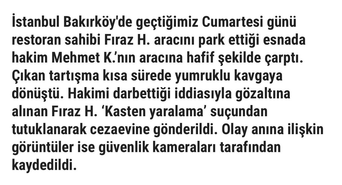 Ofisinde avukatın boğazına bıçak dayanıp, ölümle tehdit edilince sulh ceza: Amaan ne olacak ya, olur böyle şeyler, adli kontrolle salın gitsin.

Basit bir trafik tartışmasında hakime yumruk atılınca sulh ceza: Hemen tutukluyorum. Kimse hakimle kavga edemez!
