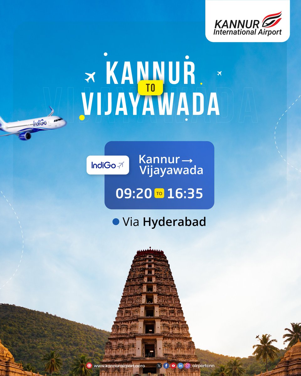 airportCNN's tweet photo. Kannur to Vijayawada
Smooth connections. Flexible schedules. Smarter travel.
#kannurinternationalairport #FlyFromKannur #Vijayawada #FlightConnectivity #SeamlessTravel #AirTravel #AirportUpdates https://t.co/LhTuRq3YQ5