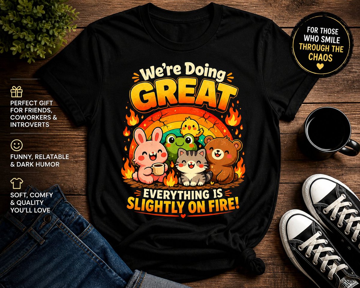 rachidon18's tweet photo. I Need This Shirt
We’re doing GREAT
Everything is slightly on fire
If this feels a little too relatable… this shirt was made for you
Cute. Chaotic. 100% accurate
Tag someone who’s holding it together (barely) 
https://t.co/Rt5XWkqEsG
#Relatable #FunnyShirts #DarkHumor #MemeLife https://t.co/RA3SeqHcpV