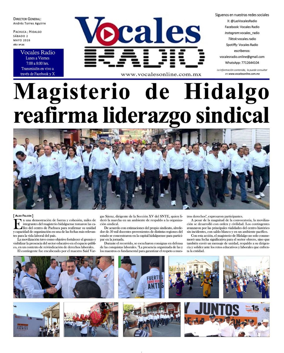 Nuestra portada 
Sábado 2 de mayo 2026
síguenos en vocalesonline.com.mx