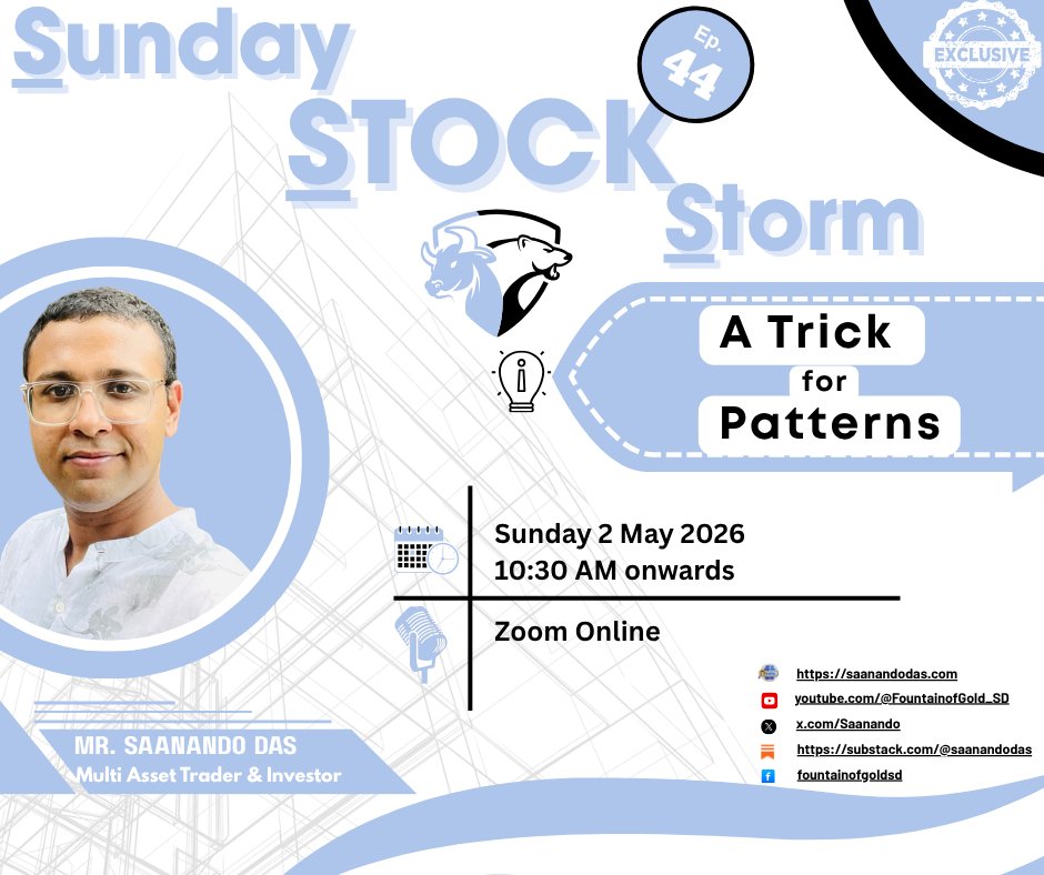 Saanando's tweet image. 📅 Sunday, 3rd May | ⏰ 10:30 AM
⚡ Sunday Stock Storm – Episode 44 | Online on Zoom (link will be shared on website) 
📌saanandodas.com/sunday-stock-s…

#FinancialSuccess #TargetedStrategies #InvestorGrowth #TradingEducation #BrandEmpowerment