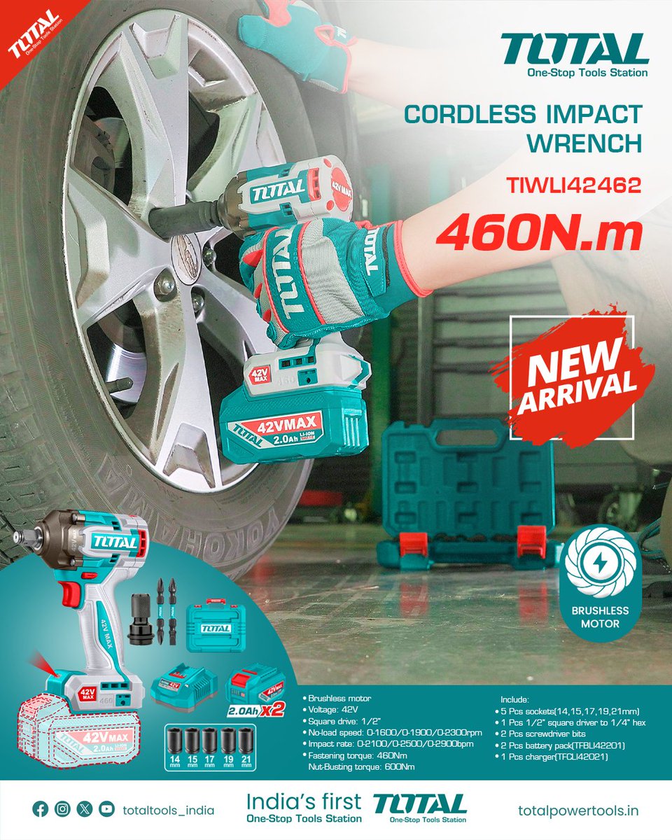 totaltoolsind's tweet image. 🆕 TOTAL Impact Wrench TIWLI42462

💪 460Nm torque
⚡ 42V power
🔧 600Nm nut-busting

Built for heavy-duty work 🚗

🌐 totalpowertools.in

#TotalTools #PowerTools