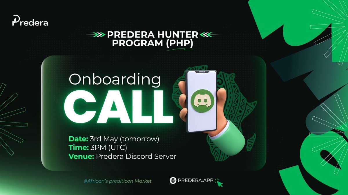 Predera_app's tweet photo. 𝐏𝐫𝐞𝐝𝐞𝐫𝐚 𝐇𝐮𝐧𝐭𝐞𝐫 𝐏𝐫𝐨𝐠𝐫𝐚𝐦 𝐎𝐧𝐛𝐨𝐚𝐫𝐝𝐢𝐧𝐠 𝐂𝐚𝐥𝐥 

PHP participants and all other Predators, you are invited to Predera’s onboarding call for the Hunters Program.

We will cover an introduction to Predera, the full program mechanics, and plans that will unfold throughout the program.

𝐃𝐚𝐭𝐞 𝐚𝐧𝐝 𝐓𝐢𝐦𝐞: 3rd May, 3pm UTC
𝐕𝐞𝐧𝐮𝐞: Predera Discord server

You can’t afford to miss this. Come with your questions and feedback, we welcome them all. See you there!!!