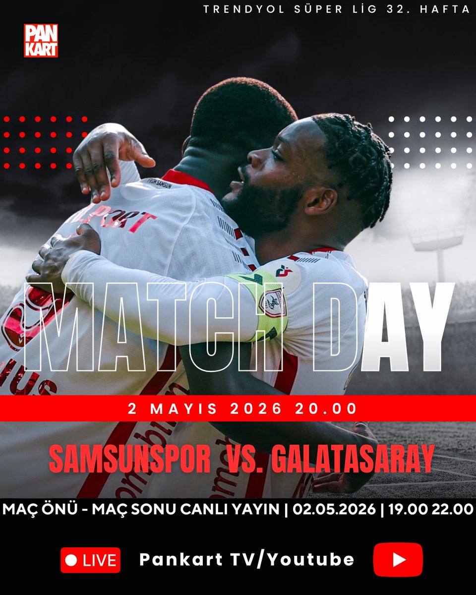 PankartTv's tweet photo. 🚨MATCH DAY! 🚨

👉🏻Trendyol Süper Lig’de ikinci devre tüm hızıyla devam ediyor! 32. hafta Trendyol Süper Lig. Samsunspor'un mücadelesi Galatasarayla! Bu mücadele ve daha fazlası PankartTv'de

⚽️ #Samsunspor 🆚 #galatasaray

📺 Pankart TV | Youtube

🙏🏻Kanala abone olmayı unutma! https://t.co/qp2ig8xLQg