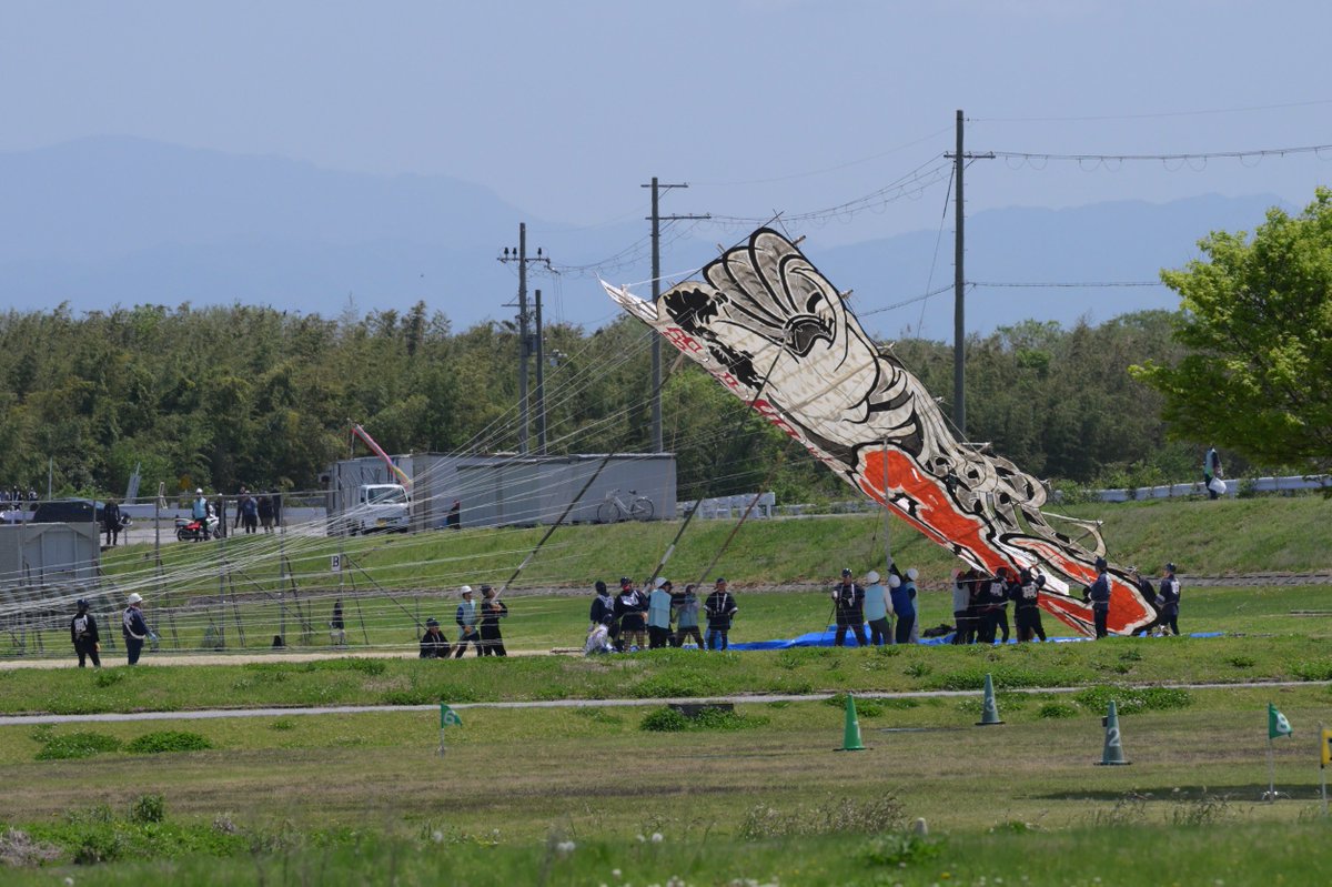 two61355220's tweet image. 普段居る釣り人も追い出され、警察官も多数のピリピリムードで行われた大凧揚げ。
今日に限って微風で残念だったけど、また来年も楽しみだ♪
#東近江市　#ytv