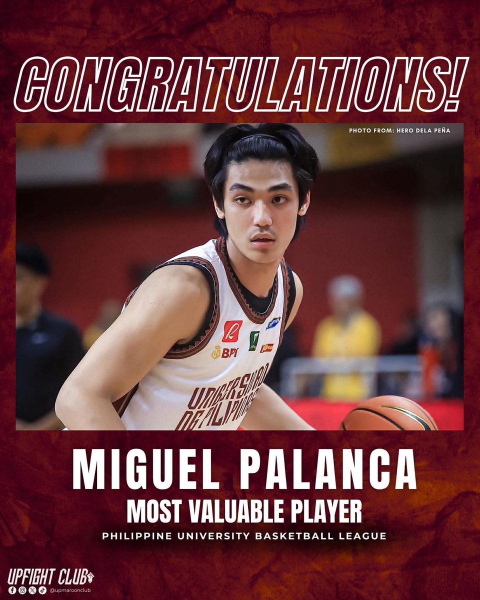upmaroonclub's tweet photo. MVP(ALANCA)✨💪🏼
Miguel Palanca of the UP Fighting Maroons earns MVP honors in the Philippine University Basketball League.
Congratulations, Choi!
#UPFight❤️💚✊🏼
#PUBL https://t.co/YZL9RUCuvj