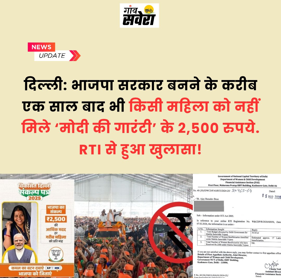 GaonSavera's tweet photo. RTI में खुलासा हुआ है कि दिल्ली में भाजपा सरकार के करीबन एक साल बाद भी नहीं मिले किसी महिला को 2500 रूपये! https://t.co/TwqMjLSfhV
