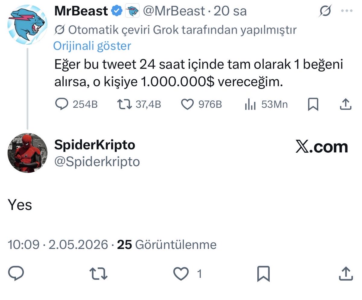 Spiderkripto's tweet photo. @MrBeast Sadece ben 1 beğeni aldım @MrBeast https://t.co/ZYHqr6UEiy