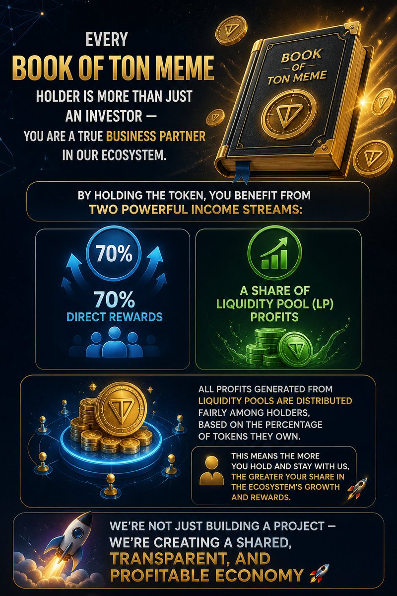 BookOfTONmeme's tweet image. Every BOOK OF TON MEME holder is more than just an investor — you're a true partner in our ecosystem 🚀

Earn from:
70% direct rewards
Liquidity Pool (LP) profit sharing
The more you hold, the bigger your share of the ecosystem’s growth 📈

#Blockchain #CryptoRewards #TON #GEM