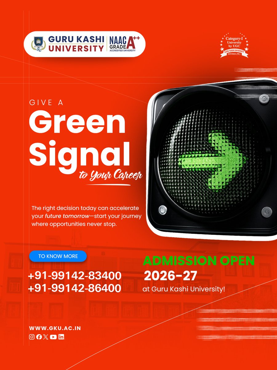 gurukashiuniv's tweet image. Give a green signal to your career with Guru Kashi University. Admissions 2026–27 are open—choose the right path today and unlock a future full of growth, success, and endless opportunities.
#GuruKashiUniversity #AdmissionsOpen