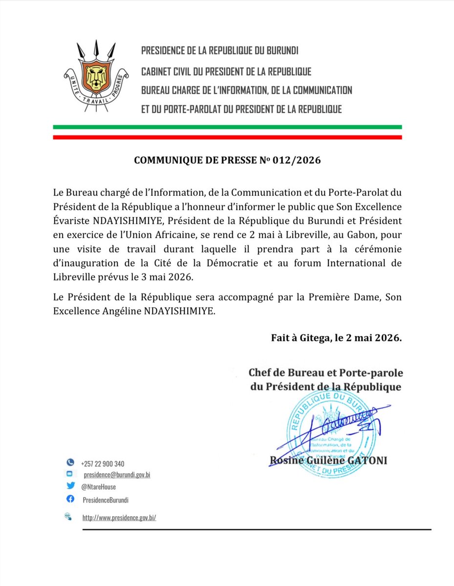 LeRenouveauBdi's tweet image. Le chef de l'Etat et président en exercice de l'@_AfricanUnion,@GeneralNeva, accompagné de la @Burundi1stLady,a pris l'avion,ce 2/5, à destination du #Gabon. Il prendra part à la cérémonie de l'inauguration de la Cité de la Démocratie et au forum intl. de #Libreville,prévu le 3/5