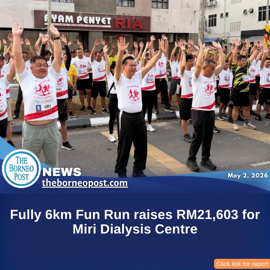 theborneopost's tweet image. The Fully 6km Fun Run 2026 in Miri raised RM21,603 for the MRC Miri Dialysis Centre, bringing the four-year total to over RM65,000.
theborneopost.com/2026/05/02/ful…

#Miri #FunRun #Charity #MRC #Sarawak
