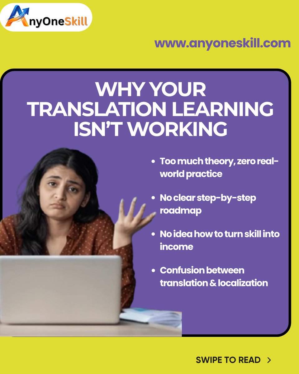 any1skill's tweet photo. Learn Translation skills, but still confused? 
Where to start? How to earn?

👉Swipe &amp; simplify your journey
Turn your skills into income

Start with AnyOneSkill today 
 📞+91 92113 00908
 🌐 https://t.co/LcGwydR6Ma

#TranslationJobs #Anyoneskill #Freelancing #LearnAndEarn https://t.co/Utj8EK0LRj