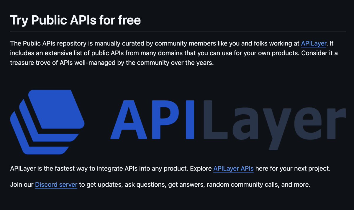 heyrimsha's tweet photo. Someone compiled every free public API on the internet into one massive GitHub repo.

You can build anything:

- AI, ML, Authentication, Blockchain
- Crypto, Finance, Maps, Weather
- Games, Music, Books, News
- 1,400+ APIs across 48 categories

421K stars. 100% Opensource.

Repo link below