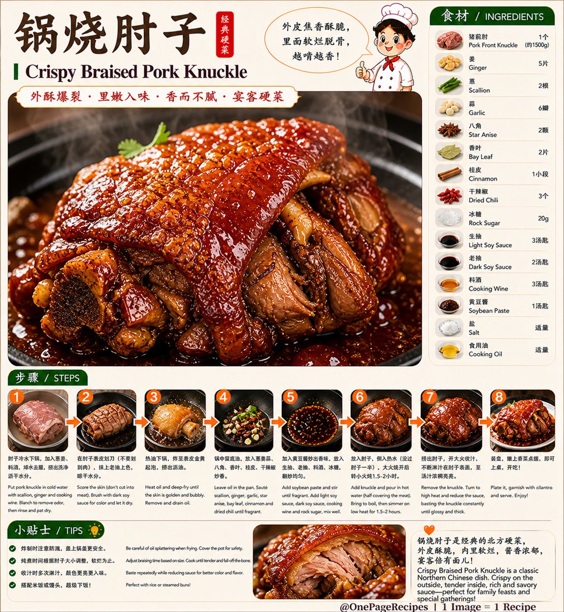 wumingzhibei26's tweet image. 这皮太诱人了🔥
锅烧肘子，外酥爆裂一口封神！
里面软烂入味，香到停不下😋
在家也能做出饭店级👇
Crackling perfection 👀🔥
Crispy Braised Pork Knuckle
Crispy skin, melt-in-your-mouth inside 😋
Restaurant-level at home 👇
@OnePageRecipes
#ChineseFood #Recipe #Foodie #EasyRecipes