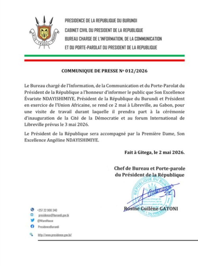 Flicien161629's tweet image. Accompagné par Son Excellence @Burundi1stLady, le Chef de l'Etat Burundais 🇧🇮 et Président en exercice de l'Union Africaine @_AfricanUnion Son Excellence @GeneralNeva voyage,ce 02 Mai 2026, à destination de Libreville, au #Gabon pour une visite de travail.
@NtareHouse @Gatoni_RG