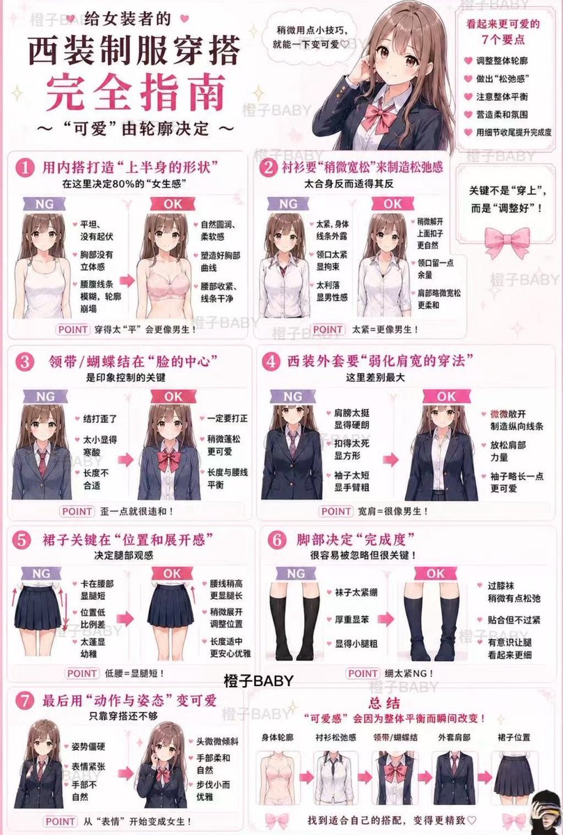 chengzi's tweet photo. 橙子BABY小课堂：JK制服搭配指南

哈喽，我亲爱的宝子们，大家五一快乐啊，今天来分享一下大家如何搭配到合适的JK制服套装，教大家从内搭，到配饰再到外套应该如何选择！话不多说看下图吧！