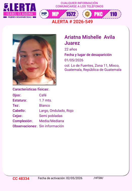 #AlertaIsabelClaudina
📷 Ayúdenos a encontrar a
ARIATNA MISHELLE AVILA JUAREZ
Desapareció el 01 de Mayo de 2026
Cualquier información comunicarse al teléfono 📷 1572
Gracias por difundir esta información📷